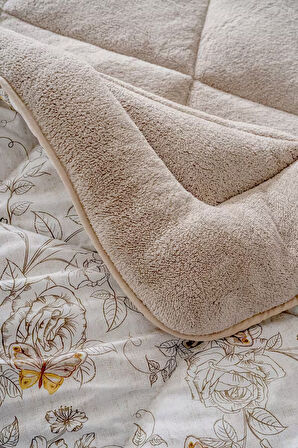 Bej Kelebek Loura Tek Kişilik Çift Taraflı Lüx Wellsoft Yorgan Seti 155x215 cm