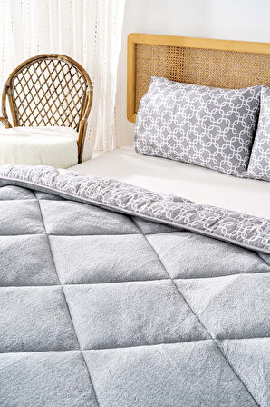 Gri Geometrik  Loura Çift Kişilik Çift Taraflı Lüx Wellsoft Yorgan Seti 195x215 cm
