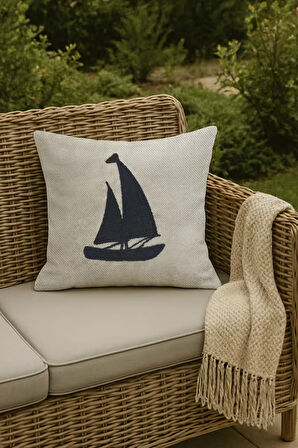 Lacivert Yelkenli Hasır Görünümlü Dokuma Punch Kırlent Kılıfı