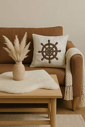 Kahverengi Dümen Hasır Görünümlü Dokuma Punch Kırlent Kılıfı