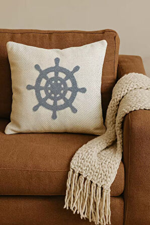 Mavi Dümen Hasır Görünümlü Dokuma Punch Kırlent Kılıfı