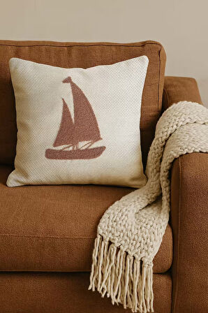 Kiremit Yelkenli Hasır Görünümlü Dokuma Punch Kırlent Kılıfı