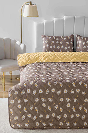 Kahve Papatyalı Kapitone Çift Kişilik Pamuklu Pike & Çok Amaçlı Yatak Örtüsü