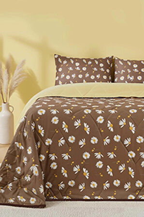 Kahve Papatyalı Kapitone Çift Kişilik Pamuklu Pike & Çok Amaçlı Yatak Örtüsü