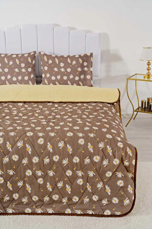 Kahve Papatyalı Kapitone Çift Kişilik Pamuklu Pike & Çok Amaçlı Yatak Örtüsü