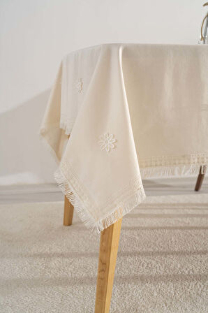 Silvio Krem Güpür Çiçekli Masa Örtüsü 160x220 cm