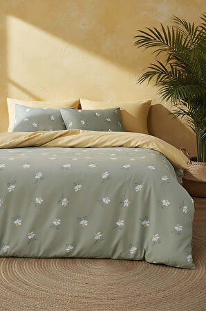 Yeşil Papatya Çift Kişilik Naturel İpeksi Nevresim Takımı