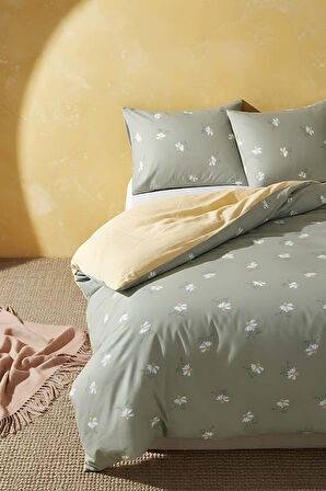 Yeşil Papatya Çift Kişilik Naturel İpeksi Nevresim Takımı