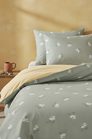 Yeşil Papatya Çift Kişilik Naturel İpeksi Nevresim Takımı