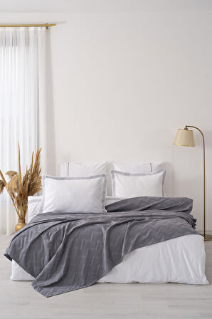 Noemi Gri Çift Kişilik %100 Pamuklu Nevresimli Yatak Örtüsü - 7 Parça Çeyiz Seti