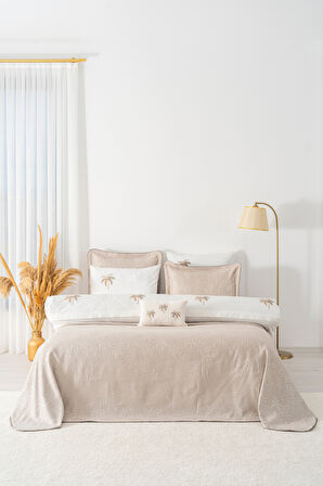 Palmiye Vizon Nakışlı Çift Kişilik Nevresimli Pike Seti - 8 Parça Çeyiz Seti