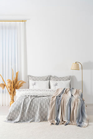 Mode Gri Nakışlı Çift Kişilik Nevresimli Battaniye Seti - 8 Parça Çeyiz Seti