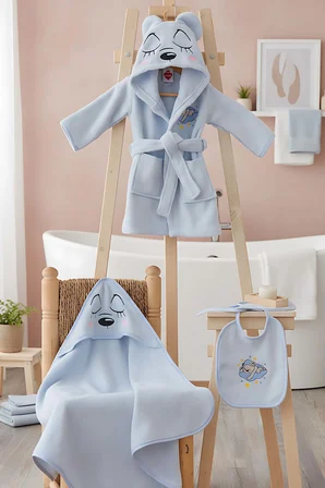 Bear Mavi %100 Pamuk Bebek Banyo Seti