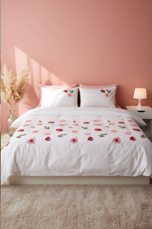 Puff Nakışlı Blossom Somon Çift Kişilik %100 Pamuklu Nevresim Takımı -  6 Parça Çeyiz Seti