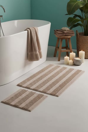 Bej Kabartmalı Çizgili 2’li Banyo & Klozet Paspas Takımı