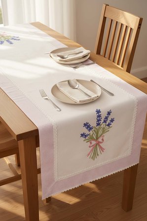Lavanta İşlemeli Buldan Kumaş Runner 50x130 cm