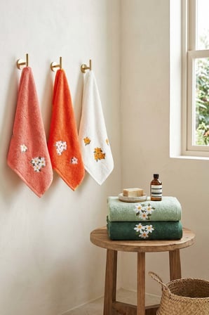 Papatya Nakışlı %100 Pamuklu 5'li Havlu Seti 50x90 cm