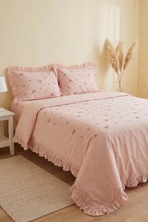 Pembe Daisy Glow Çift Kişilik %100 Pamuklu Nevresim Takımı - 4 Parça
