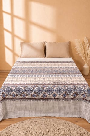 İndigo Etnik Desenli Çift Kişilik Baskılı Pike & Yatak Örtüsü 200x230 cm
