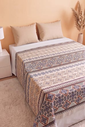 İndigo Etnik Desenli Çift Kişilik Baskılı Pike & Yatak Örtüsü 200x230 cm