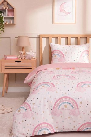 Pembe Gökkuşağı Tek Kişilik Pamuklu Çocuk Nevresim Takımı