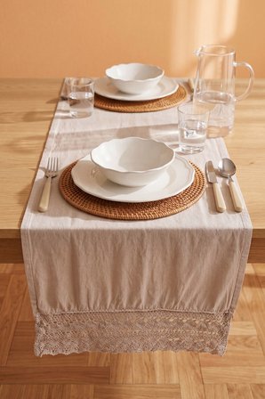 Gri Lacy Pamuklu Dantelli Runner 40x150 cm