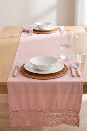 Pudra Lacy Pamuklu Dantelli Runner 40x150 cm