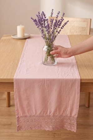 Pudra Lacy Pamuklu Dantelli Runner 40x150 cm