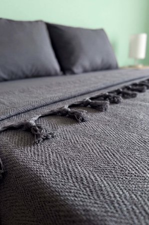 Antrasit Natural Çift Kişilik Baskılı Pike & Yatak Örtüsü 200x230 cm