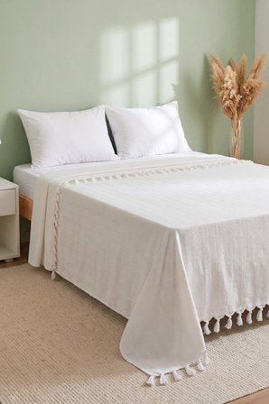 Ekru Natural Çift Kişilik Baskılı Pike & Yatak Örtüsü 200x230 cm