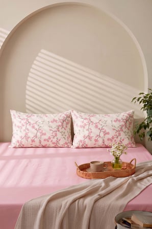 Pudra Pembe Sakura Çift Kişilik Lastikli Çarşaf Takımı 160x200 cm - 3 Parça