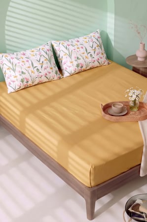 Sarı Botanical Çift Kişilik Lastikli Çarşaf Takımı 160x200 cm - 3 Parça