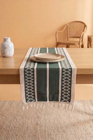 Haki Regina Pamuklu Püsküllü Runner 35x145 cm