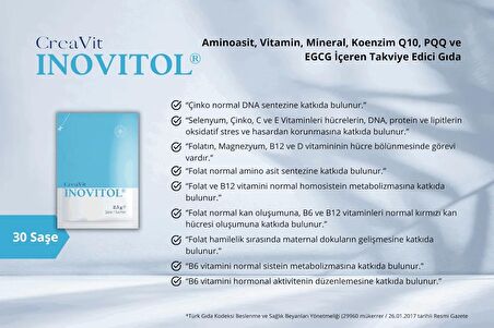 Creavit Inovitol Aminoasit Vitamin Mineral Egcg ve Pqq Yeni Nesil Antioksidan 30 Saşe