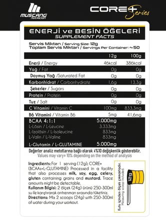 Mustang Nutrition Core+ BCAA + Glutamine 600 Gr Limon Aromalı 50 Servis + Shaker + Protein Kahve Hediyeli