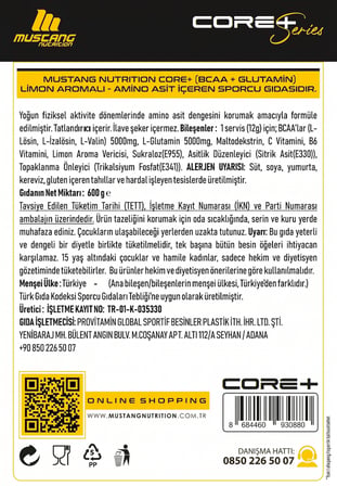 Mustang Nutrition Core+ BCAA + Glutamine 600 Gr Limon Aromalı 50 Servis + Shaker + Protein Kahve Hediyeli
