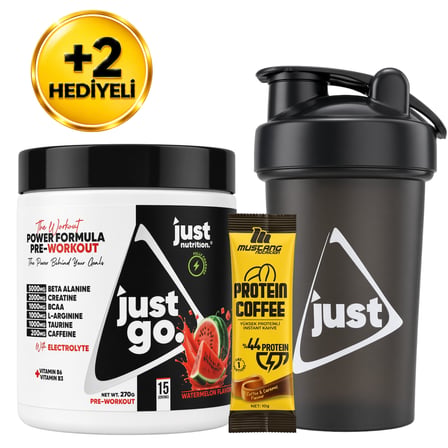 Just Nutrition Just Go Pre-Workout 270 Gr Karpuz Aromalı 15 Servis + Shaker + Protein Kahve Hediyeli