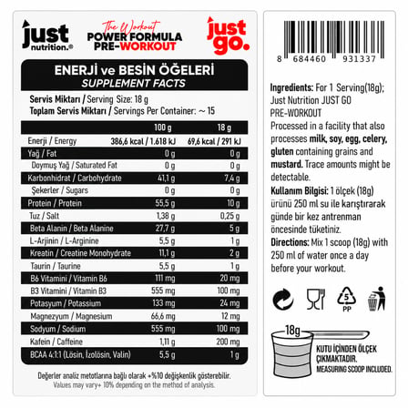 Just Nutrition Just Go Pre-Workout 270 Gr Karpuz Aromalı 15 Servis + Shaker + Protein Kahve Hediyeli