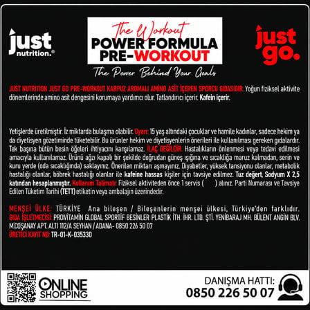 Just Nutrition Just Go Pre-Workout 270 Gr Karpuz Aromalı 15 Servis + Shaker + Protein Kahve Hediyeli
