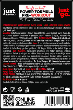 Just Nutrition Just Go Pre-Workout 540 Gr Karpuz Aromalı 30 Servis + Shaker + Protein Kahve Hediyeli