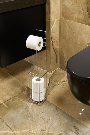 Parlak Silver Metal Ayaklı Tuvalet Kağıtlığı ve Yedek Rulo Standı | Modern WC Kağıtlık