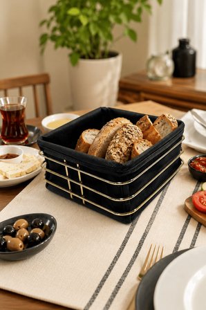 Parlak Altın Siyah Kumaş Kare Ekmek Sunum Sepeti, Kahvaltı Sunumu,Kafe, Restoran ve Otel Tipi 20x20 cm