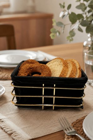 Parlak Altın Siyah Kumaş Kare Ekmek Sunum Sepeti, Kahvaltı Sunumu,Kafe, Restoran ve Otel Tipi 20x20 cm