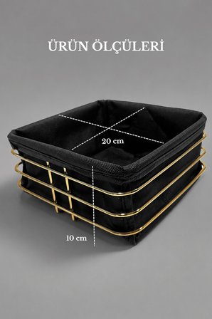 Parlak Altın Siyah Kumaş Kare Ekmek Sunum Sepeti, Kahvaltı Sunumu,Kafe, Restoran ve Otel Tipi 20x20 cm