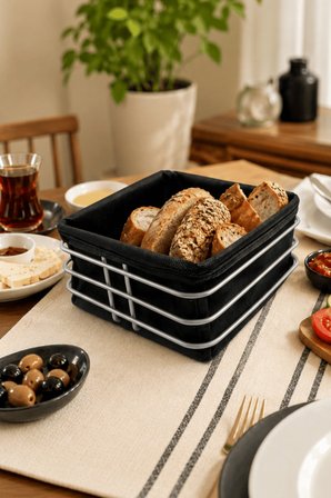 Mat Gümüş Siyah Kumaş Kare Ekmek Sunum Sepeti, Kahvaltı Sunumu,Kafe, Restoran ve Otel Tipi 20x20 cm