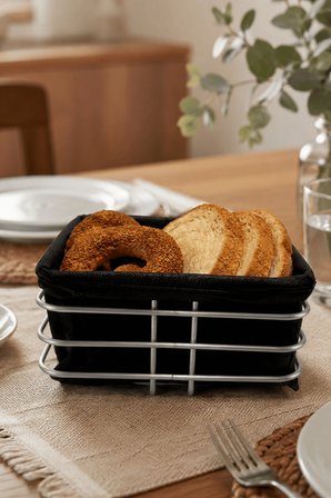 Mat Gümüş Siyah Kumaş Kare Ekmek Sunum Sepeti, Kahvaltı Sunumu,Kafe, Restoran ve Otel Tipi 20x20 cm