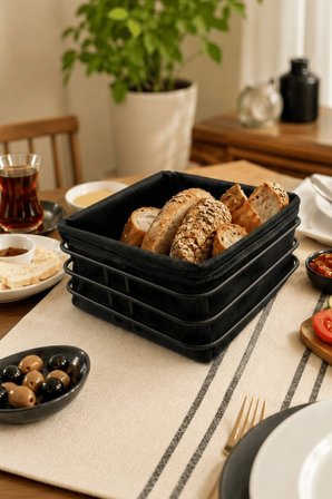 Siyah Metal ve Kumaş Kare Ekmek Sunum Sepeti, Kahvaltı Sunumu,Kafe, Restoran ve Otel Tipi 20x20 cm