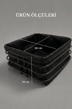 Siyah Metal ve Kumaş Kare Ekmek Sunum Sepeti, Kahvaltı Sunumu,Kafe, Restoran ve Otel Tipi 20x20 cm