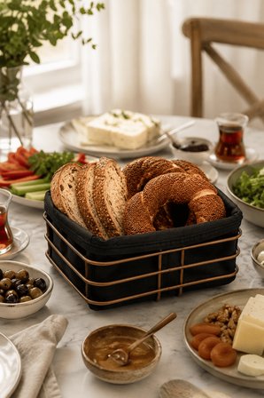 Rose Metal ve Siyah Kumaş Kare Ekmek Sunum Sepeti, Kahvaltı Sunumu,Kafe, Restoran ve Otel Tipi 20x20 cm