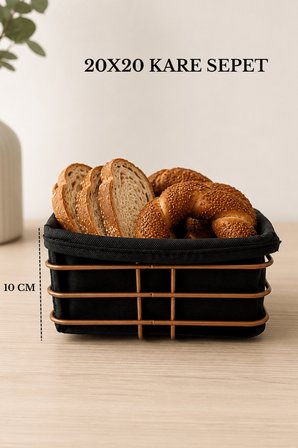Rose Metal ve Siyah Kumaş Kare Ekmek Sunum Sepeti, Kahvaltı Sunumu,Kafe, Restoran ve Otel Tipi 20x20 cm